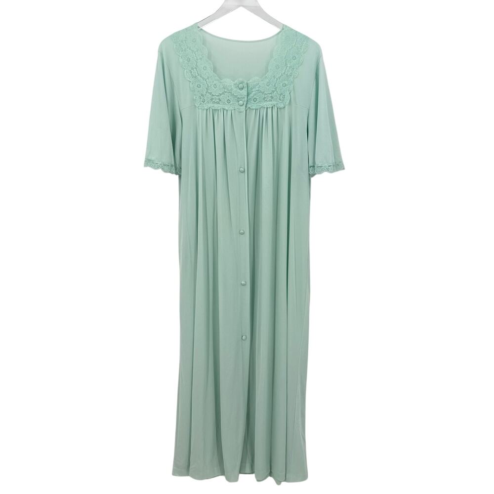 Vintage Lorraine Size Large Light Blue Button Front Nightgown Lace Trim